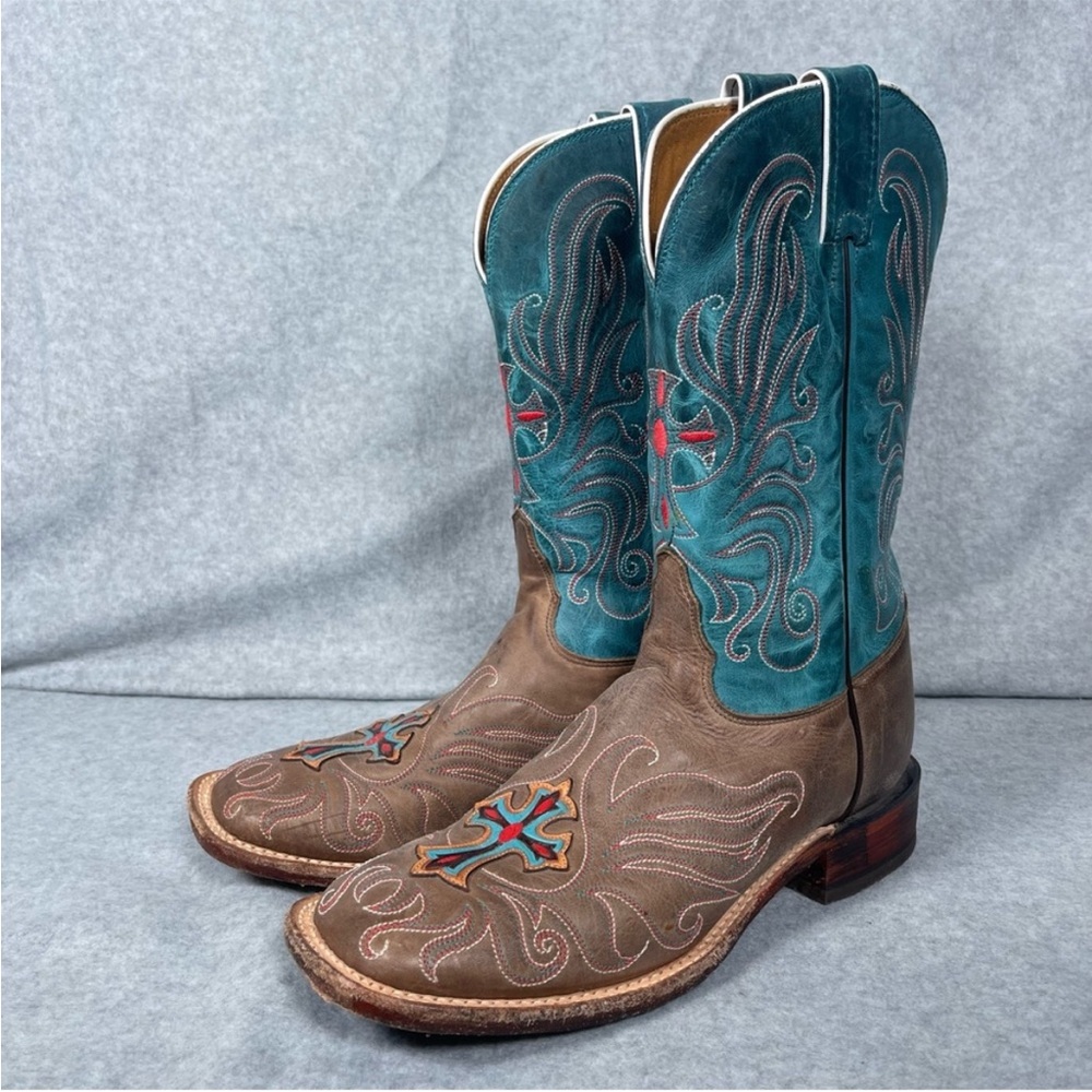 Tony Lama Woman’s Cross Cowgirl Western Brown Turquoise Square Toe Cowboy Boots